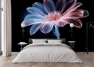 pink neon daisy flowers on a black background with blue light Wall mural