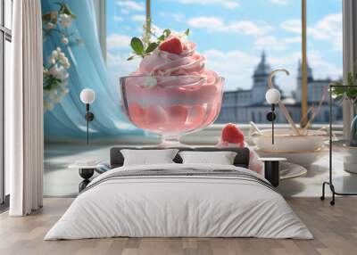 Strawberry ice cream gelato in a glass vase on a window background with blue sky Wall mural