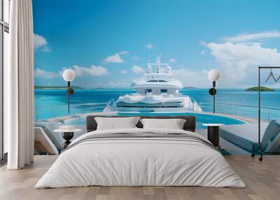 Swimming pool with sunbeds and luxury yachts on background Wall mural