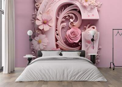 The Capital letter C in serif font made by art nouveau style in pink flower background Wall mural