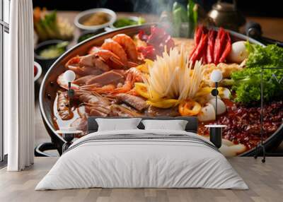 Traditional Sukiyaki pot with Kobe Beef and Vegetable, Japanese traditional hot pot Wall mural