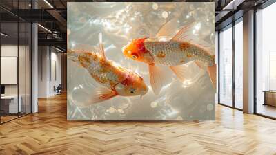 Two goldfish swimming in a clear tank. The water has bubbles in it, creating a sparkling effect. The fish are orange and white. Wall mural