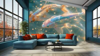 Two goldfish swimming in a clear tank. The water has bubbles in it, creating a sparkling effect. The fish are orange and white. Wall mural