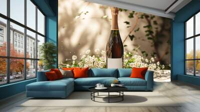 Wine bottle with blank golden label and beautiful flowers on silk cloth luxury background Wall mural