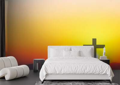 Cross christian god religion on sunset background, jesus church worship pray catholic grace christ, symbols christ love holy spiritual hope peach victory spirit meditation catholicism crucifix trush. Wall mural