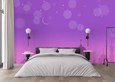 Mosques Dome shadow on twilight sky night on bokeh and purple background with Crescent Moon ramadan islamic religion symbols. Islamic new year Muharram,Mubarak,Eid al-fitr,Eid al-Adha, arabic concept. Wall mural