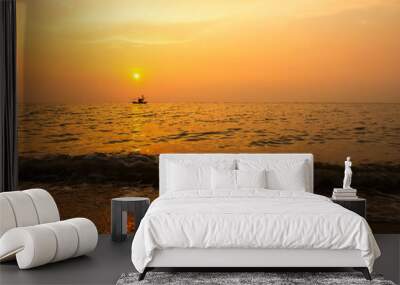 Nature sea sunset panorama golden background, water summer travel landscape sun clouds morning twilight amazing outdoor aerial view, freedom holidays natural environment, beautiful ocean ecosystem. Wall mural