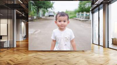 Portrait cute little boy about 2 year olds standing on road. he happy smile. family rest in holidays or baby's development concept. child asian authentic. Wall mural