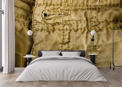 clothing items stonewashed cotton fabric texture with seams, clasps, buttons and rivets, macro Wall mural