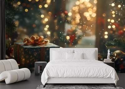 Festive scene with an elegantly wrapped gift box, surrounded by holiday decorations and lights Wall mural