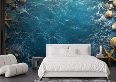 Marine-themed wallpaper in blue tones with pale yellow decorations, a large blank center, and detailed ocean patterns such as starfish, shells, sea waves, and rocks, shot with volumetric and Wall mural