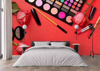 Set of cosmetics on color background with roses. Wall mural