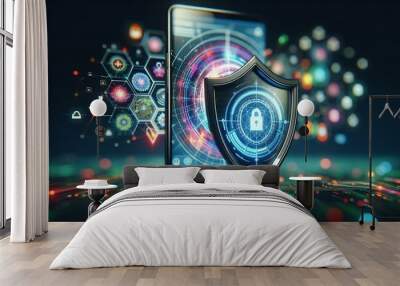 cybersecurity shield and mobile device Wall mural