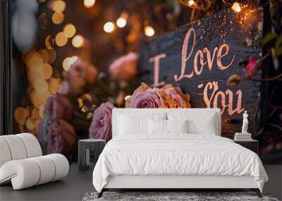 i love you sign bord with roses romantic bokeh background Wall mural