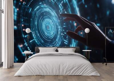 Hand touching a spinning data flow, data flow processing visualization background Wall mural