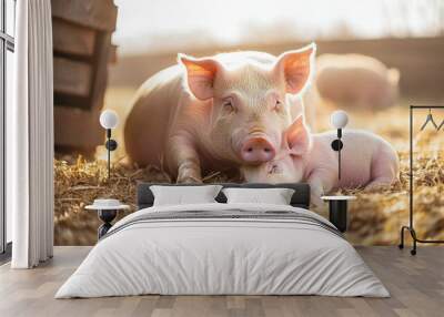 mother pig and baby pig in farm Wall mural