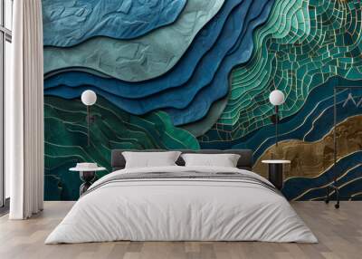 An intricate abstract topographic art piece featuring layered textures in shades of blue, green, and gold, creating a visually captivating and stylish design.
 Wall mural