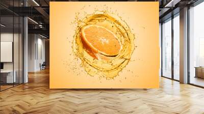 Splashing orange juice with orange slice on colored background Wall mural