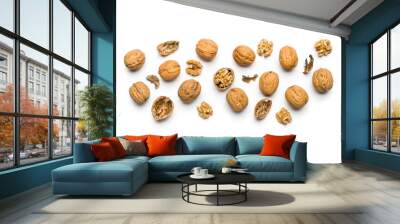 top view of walnuts closed and broken scattered on a white background with copy space Wall mural