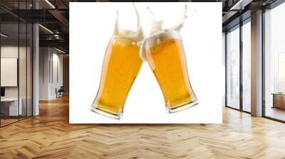 two glasses of lager beer bumping on white background with shadow Wall mural