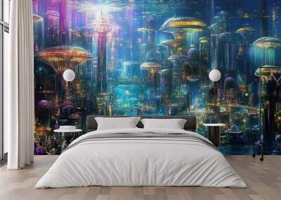 Underwater city with transparent domes, vibrant marine life, and advanced transportation systems Wall mural