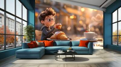 Cartoon 3D Cute handsome young boy with white skin Sitting happily eating hot cocoa and croissants in a winter cafe.	 Wall mural