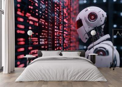 A futuristic robot examines a glowing digital interface, embodying advanced technology and artificial intelligence concepts. Wall mural