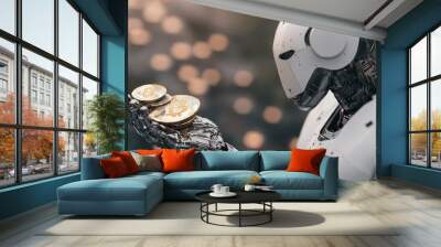 A futuristic robot holding Bitcoin, symbolizing the intersection of technology and cryptocurrency. Wall mural