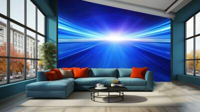 A stunning abstract image showcasing vibrant blue light rays emanating from a luminous center, evoking depth and motion. Wall mural