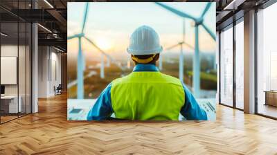 A technician overseeing wind turbines from a control room, emphasizing renewable energy and sustainability in action. Wall mural