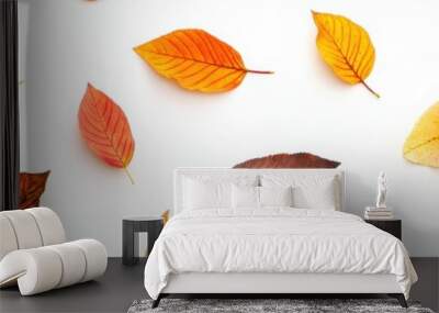 Colorful autumn leaves scattered on a white background, showcasing vibrant hues of orange, yellow, and brown in a seasonal display. Wall mural