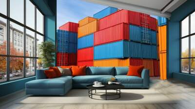 Colorful shipping containers stacked against a clear blue sky. Wall mural