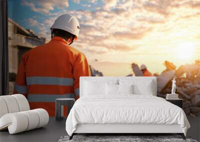 Construction workers inspecting a demolition site at sunset. Wall mural