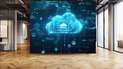 Futuristic representation of cloud technology with data connections and digital interfaces, illustrating modern cloud computing concepts. Wall mural