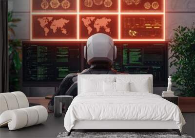 Futuristic robot working with multiple screens in a tech-filled environment. Wall mural