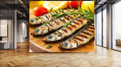 Grilled fish served with lemon, herbs, and cherry tomatoes on a wooden platter. Wall mural