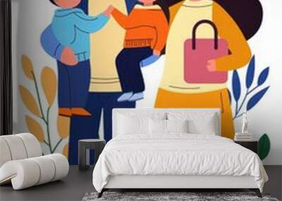 Happy family portrait with two children and plants, cheerful and modern style. Wall mural