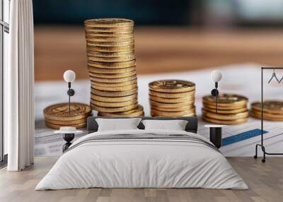 Stacks of golden coins on financial papers, illustrating investment growth and economic success. Wall mural