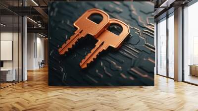 Two copper keys on a futuristic circuit background, technology concept Wall mural