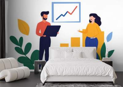 Two professionals discussing financial growth with charts and leaves. Wall mural