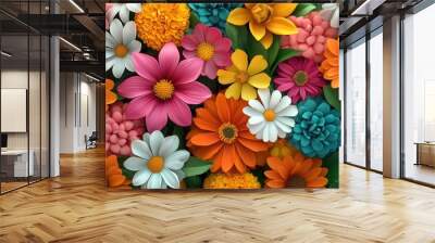 Vibrant and colorful floral arrangement featuring various flowers in an array of shapes and sizes, perfect for springtime themes. Wall mural