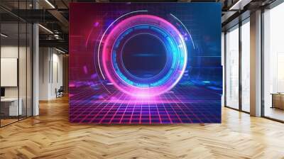 Vibrant digital portal with neon colors and grid background, perfect for futuristic themes and modern technology concepts. Wall mural