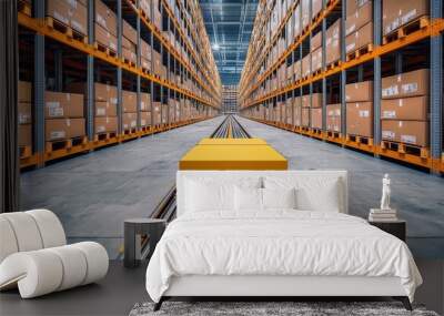 Warehouse interior with yellow pallet on tracks, shelves filled with boxes. Wall mural