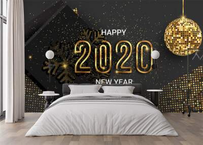 Happy New Year 2020 shimmer background, vector illustration. Sparkling disco ball, gold snowflakes made of glitter, golden halftone, black boxes elements for New Year party invitations. Wall mural