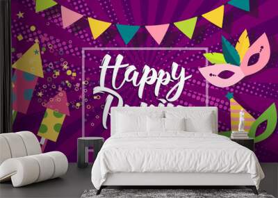 Happy Purim celebration background. Carnival masks, confetti and calligraphic text. Happy Purim in Hebrew. Festive comic pop art illustration for flyers, banners, party invitations, greeting cards. Wall mural