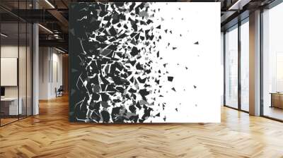 Abstract shatter background. Exploded black pieces scatter, shattered triangles destruction pattern. Broken particles vector background illustration set. Black destroyed fragments design Wall mural