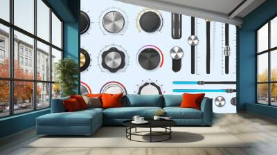 Audio mixer dials. Volume adjustment levels metal knobs and slider regulators, round and line amplify controllers vector set Wall mural