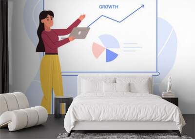 Business chart presentation, development marketing diagram growth. Woman employee demonstrating financial increase Wall mural