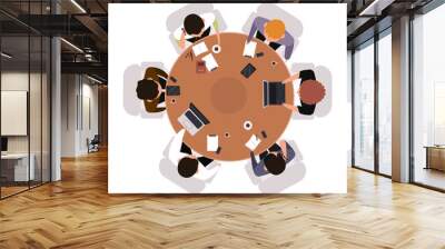 Business meeting top view. Office workers brainstorming or meeting at round table isolated vector illustration. Teamwork concept view from above. Meeting brainstorming table, business view teamwork Wall mural