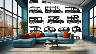 Camper vans, caravan rv cars and camping trailers silhouettes. Camping motor home, road trip car wagon vector flat illustration set. Recreational camping caravan silhouettes Wall mural